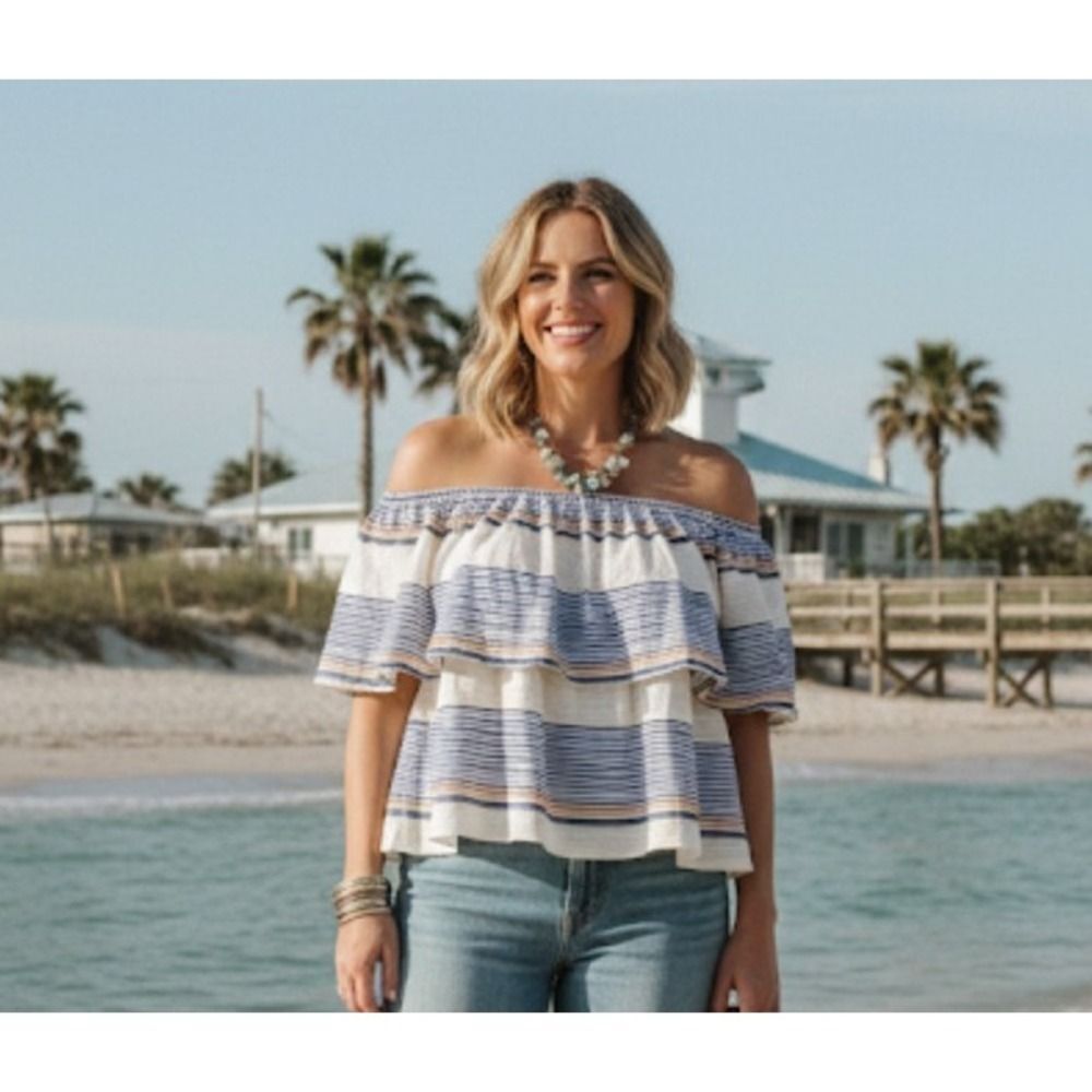 Tanya Taylor Blouse Womens 10 Multicolor Striped Off Shoulder Ruffle Top USA ccc